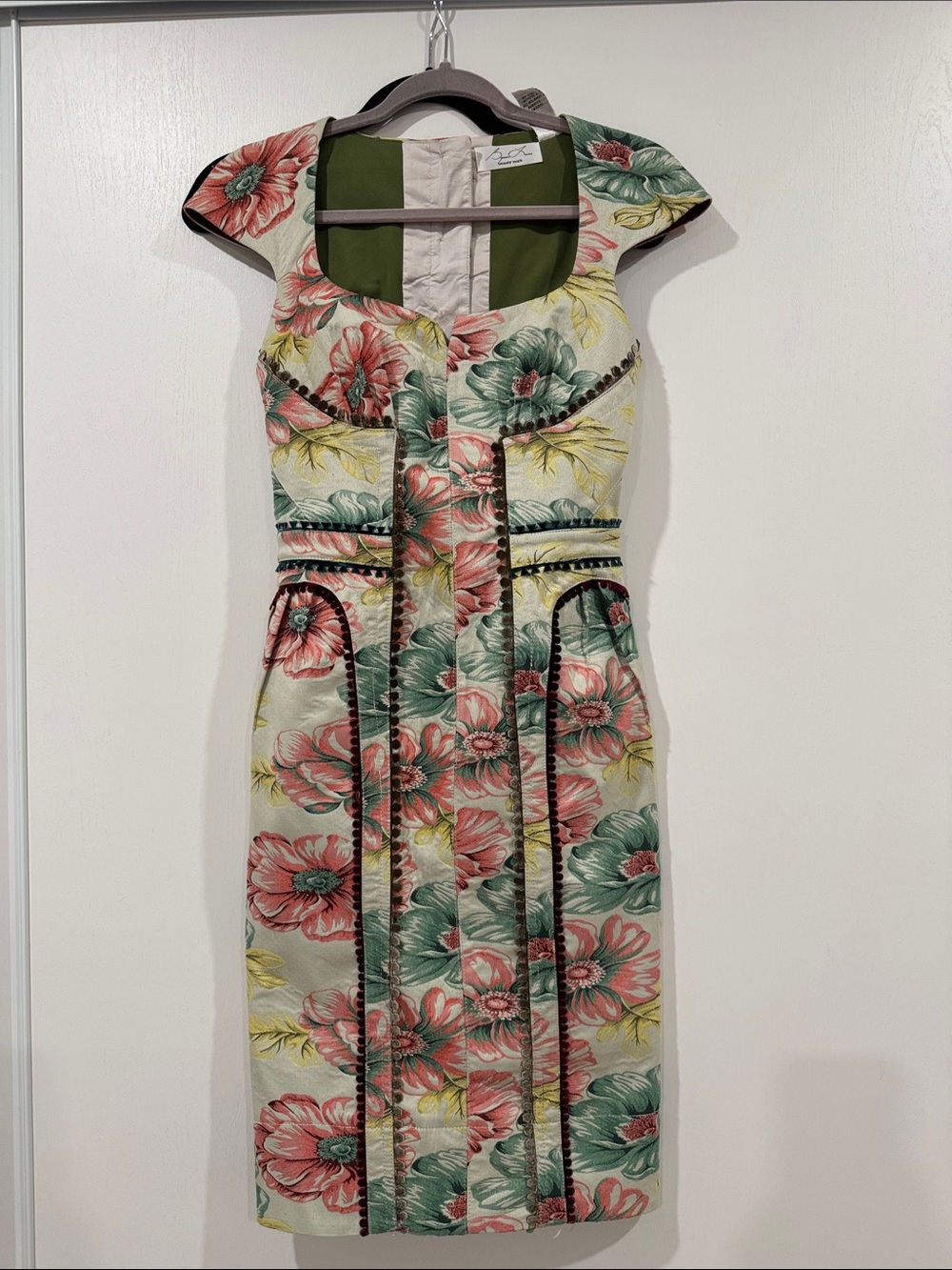 Byron Lars Cream Midi Dress with Coral & Green Floral Print